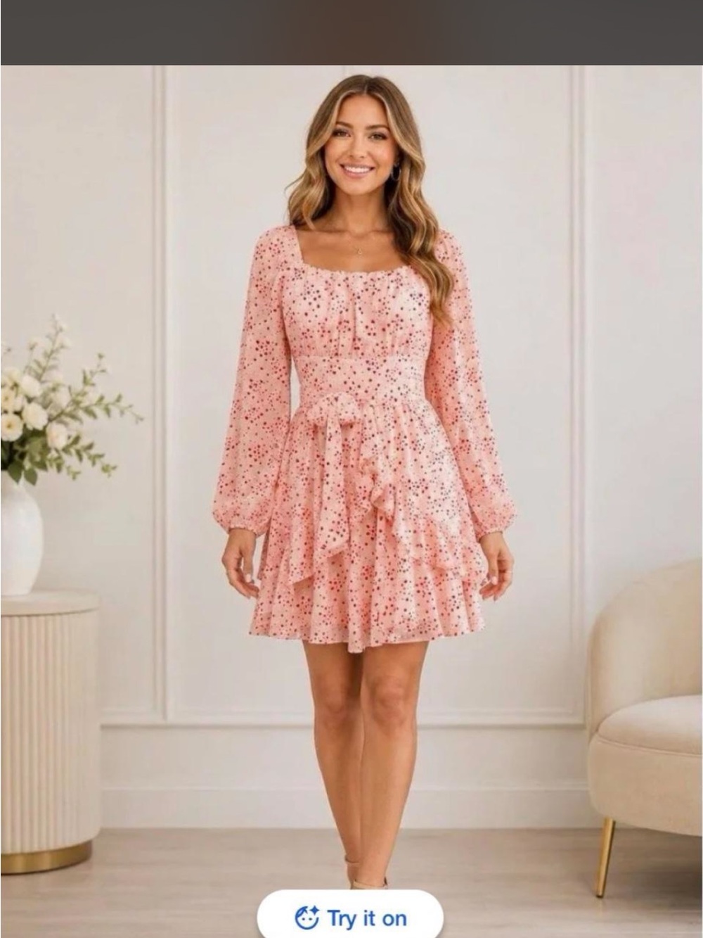 Blue Rain Pink Hearts Square-Neck Ruffle Mini Dress